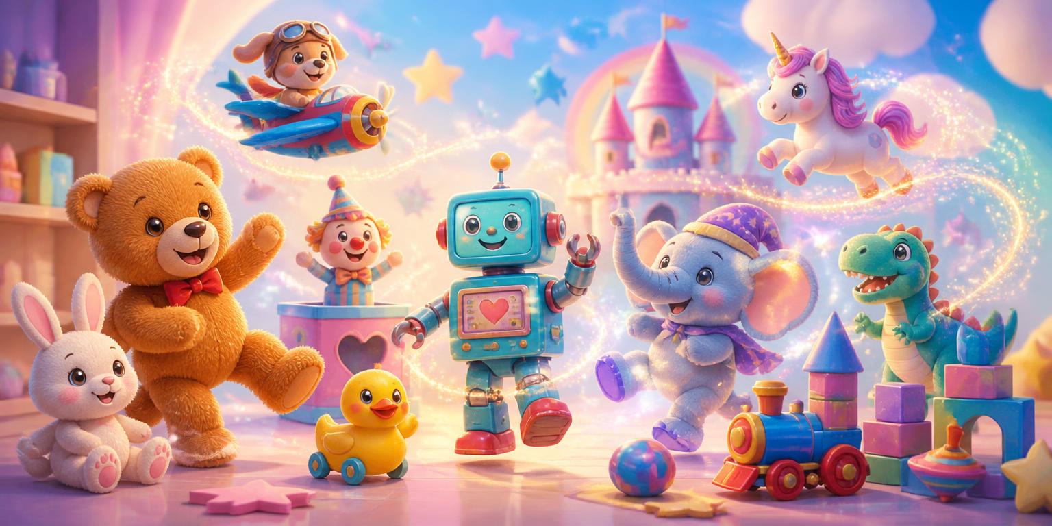 Colorful toys magically coming to life in a dreamy pastel scene